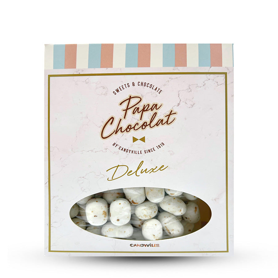 Een doos gevuld met Cookie Choc’s matte suikerbonen in wit-bruin, ideaal voor doopsuikerpresentaties.