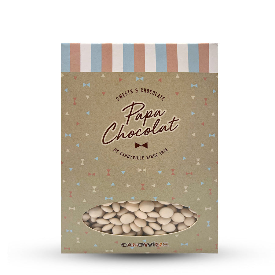 Doos met 1 kg gelakte mini confetti suikerbonen wit van Papa Chocolat – bevat ongeveer 2000 stuks, ideaal voor doopsuikerzakjes en doosjes.