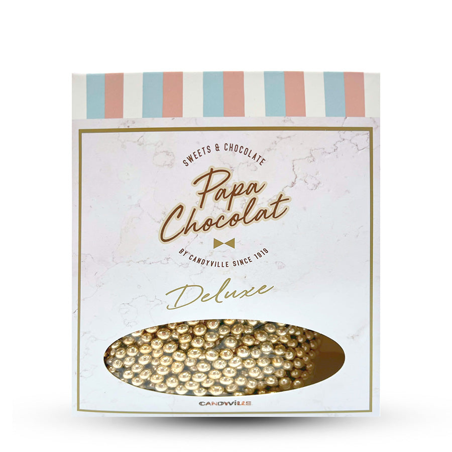 Een doos gevuld met mini crispies metallic goud suikerbonen, ideaal voor een stijlvolle doopsuikerpresentatie.
