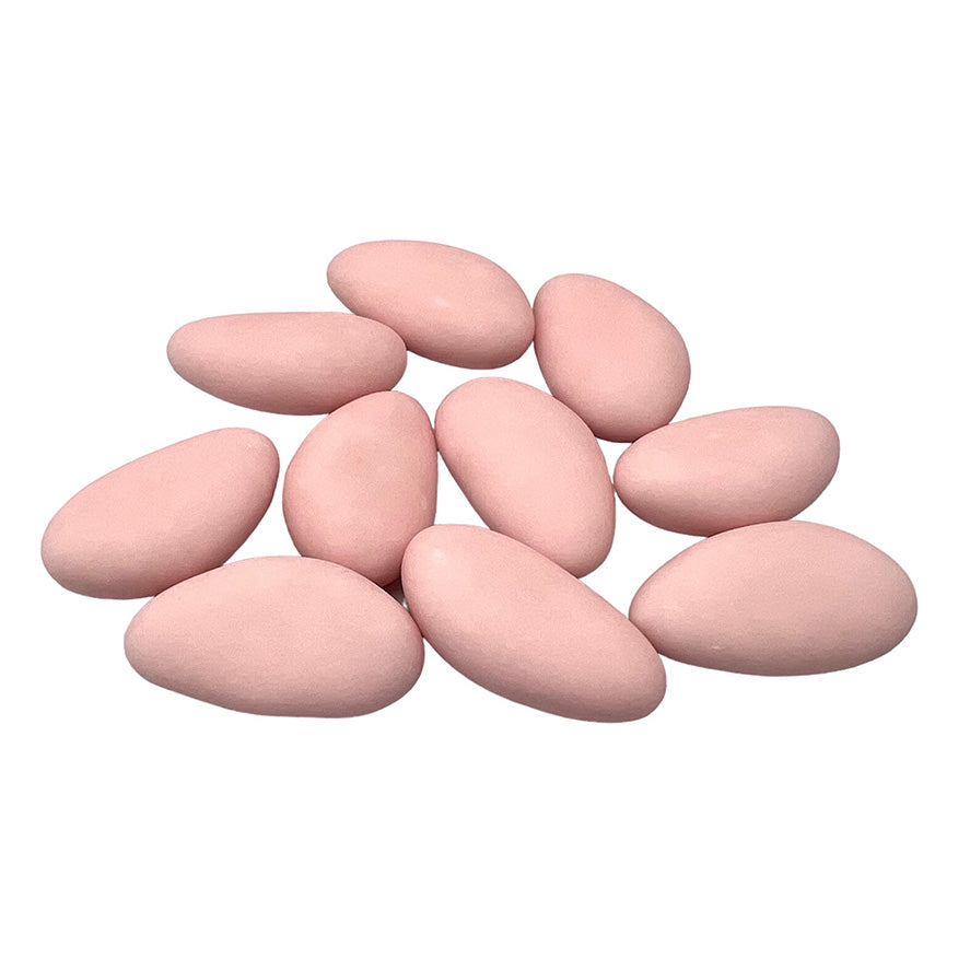 Een verzameling pastel oud roze suikerbonen van Papa Chocolat, perfect voor doopsuiker