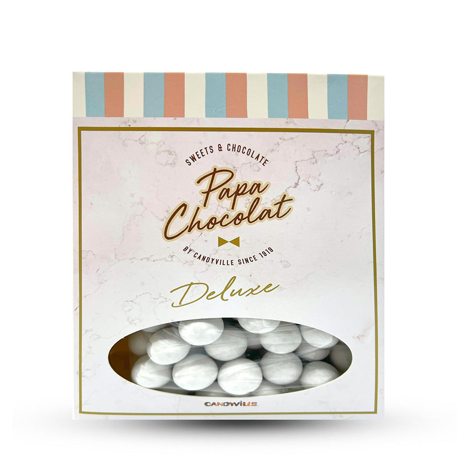 Doos met 1 kg matte praliné marbles suikerbonen wit van Papa Chocolat – bevat ongeveer 150 stuks, perfect voor doopsuiker verpakkingen.