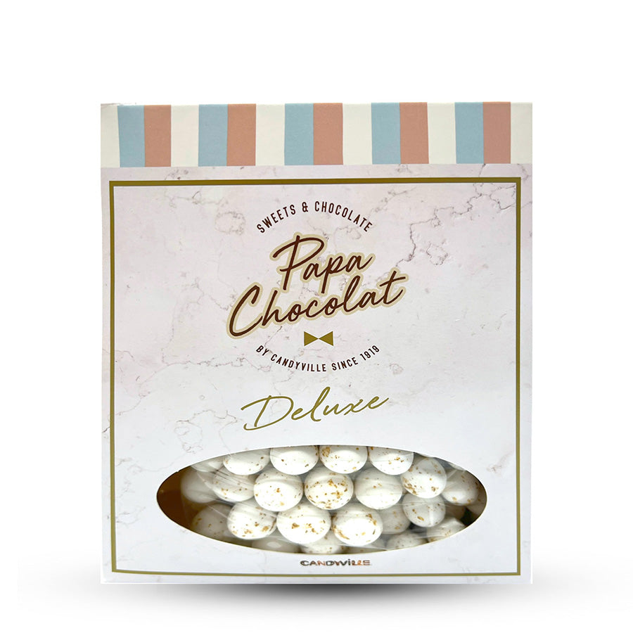 Doos met 1 kg marmeren crispies suikerbonen wit-goud van Papa Chocolat – bevat ongeveer 330 stuks, perfect voor doopsuiker verpakkingen.
