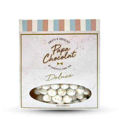 Doos met 1 kg marmeren crispies suikerbonen wit-goud van Papa Chocolat – bevat ongeveer 330 stuks, perfect voor doopsuiker verpakkingen.